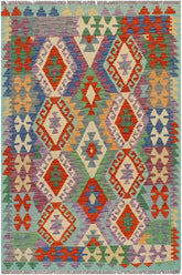 Flat Weave Kilim Antique Navaho Vintage handmade Geometric Kilim Rust Blue Hand-Woven Rectangle 100% Wool Area Rug 3x5